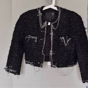 R13 Black Chain-Trim Tweed Cropped Jacket